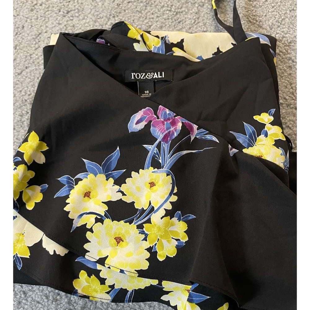 Roz Ali Layered Floral Dress 16 Black Yellow Slanted Hem Sleeveless Boho Party - Picture 13 of 13